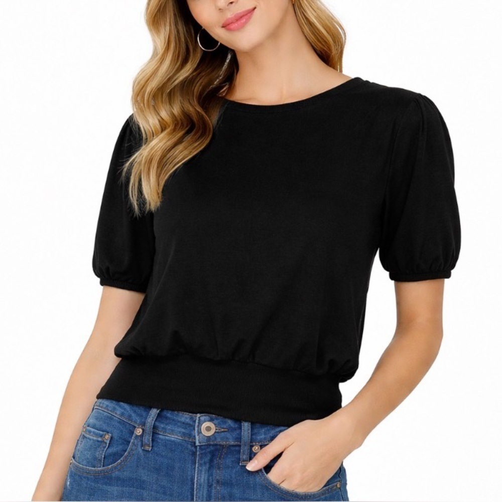 Juniors' SO Puffed Sleeve Cutout Back Top-LARGE, Black-New with tags